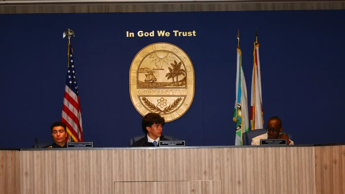The commission bench, occupied by fellows for the simulation.
